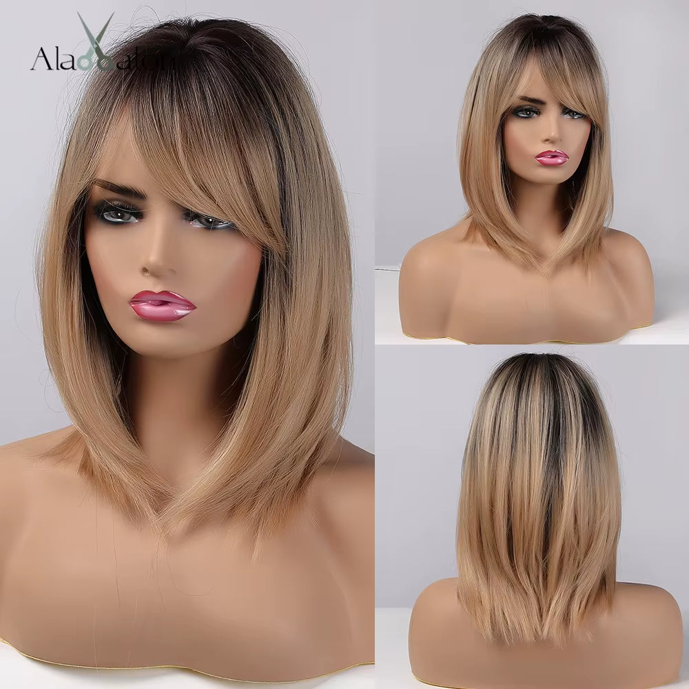 Long Wave Ombre Brown Blonde Wigs with Bangs High Temperature Fiber Synthetic Wigs for Black Women Afro Cosplay Wigs