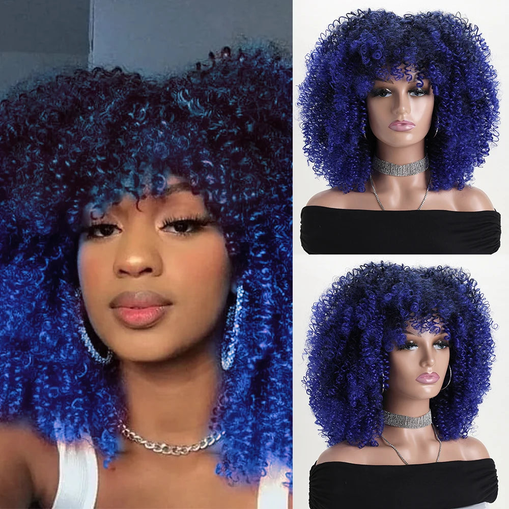 16 Inch Afro Kinky Curly Hair Wigs with Bangs Soft Fluffy Synthetic Fiber None Lace Wigs for Party Cosplay Daily Use