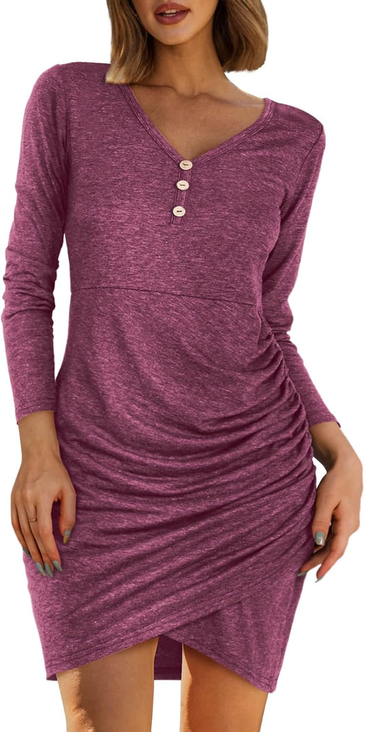 Womens Dresses V Neck Long Sleeve Curved Bodycon T Shirt Dresses Burgundy M