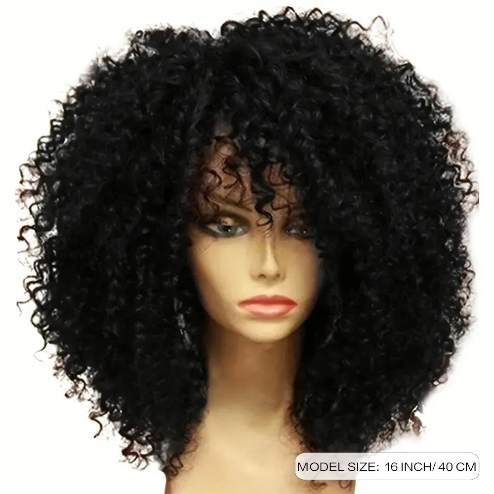 16 Inch Afro Kinky Curly Hair Wigs with Bangs Soft Fluffy Synthetic Fiber None Lace Wigs for Party Cosplay Daily Use