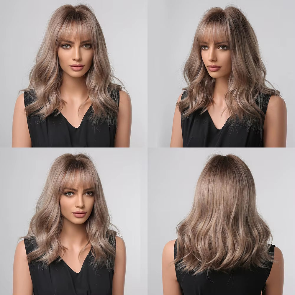 Long Wave Ombre Brown Blonde Wigs with Bangs High Temperature Fiber Synthetic Wigs for Black Women Afro Cosplay Wigs