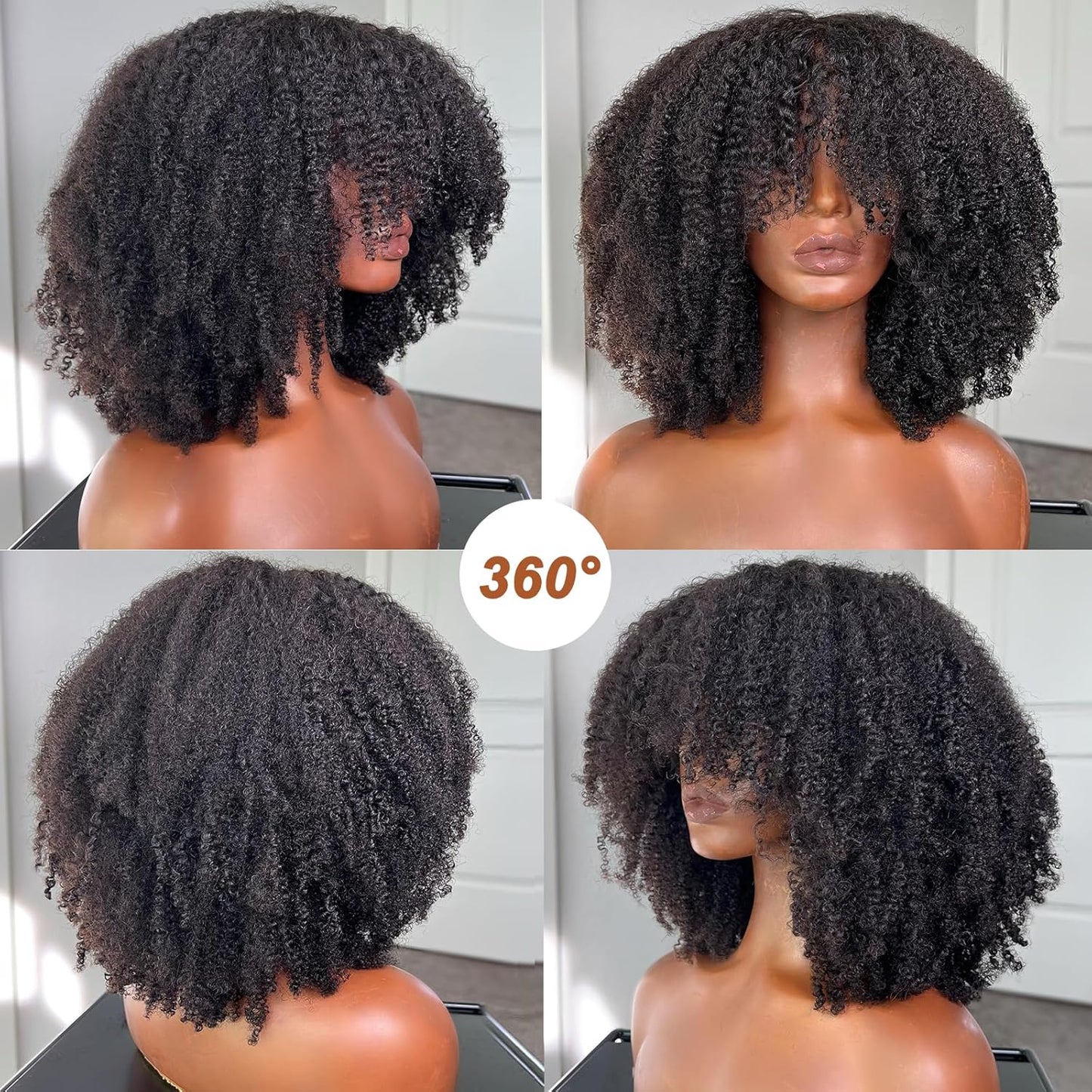 Afro Kinky Curly Wig with Bangs Human Hair for Black Women(22 Inch),200 Density Brazilian Virgin Short Curly Hair Wigs, Full Machine Made Scalp Top Glueless Wig Human Hair Natural Black