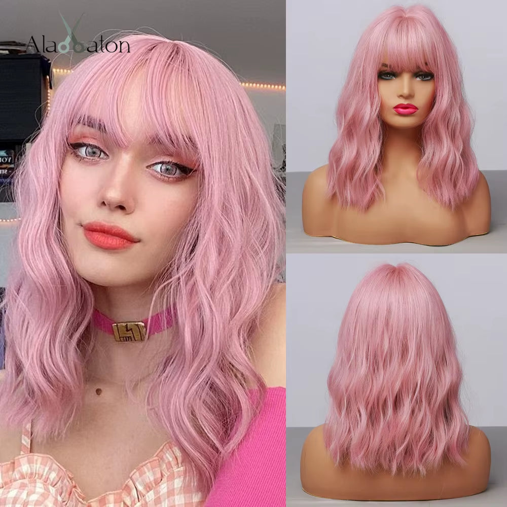 Long Wave Ombre Brown Blonde Wigs with Bangs High Temperature Fiber Synthetic Wigs for Black Women Afro Cosplay Wigs