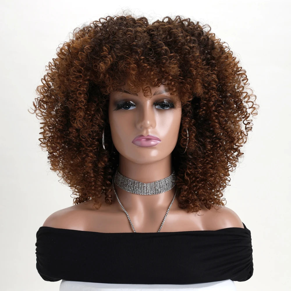16 Inch Afro Kinky Curly Hair Wigs with Bangs Soft Fluffy Synthetic Fiber None Lace Wigs for Party Cosplay Daily Use