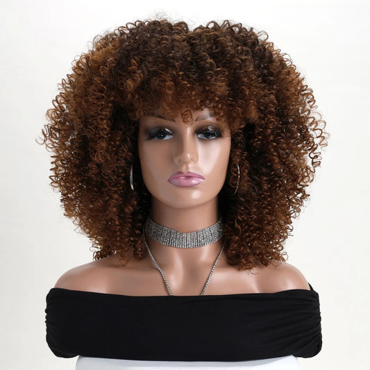 16 Inch Afro Kinky Curly Hair Wigs with Bangs Soft Fluffy Synthetic Fiber None Lace Wigs for Party Cosplay Daily Use