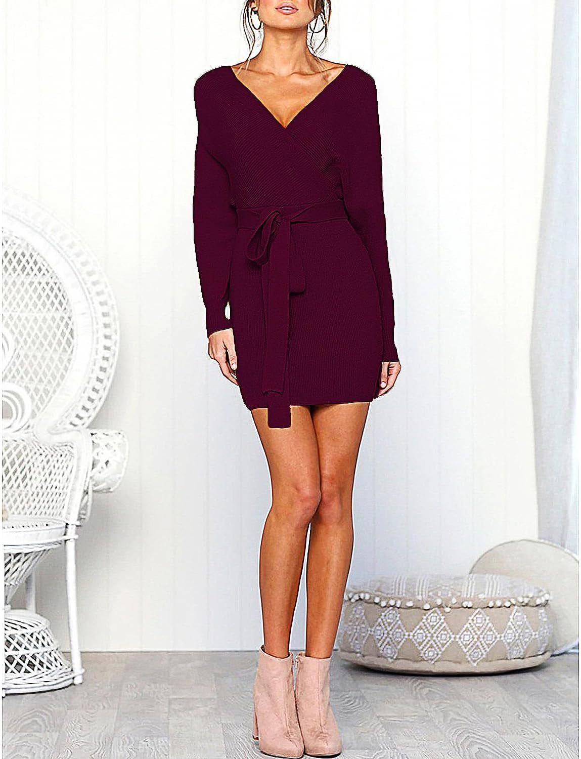 Women'S Sexy Cocktail Batwing Long Sleeve Backless Mock Wrap Knit Sweater Mini Dress