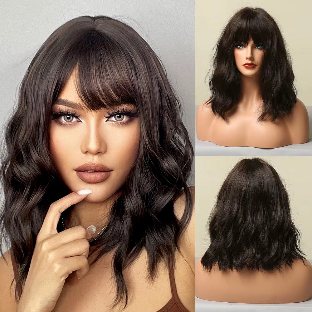 Long Wave Ombre Brown Blonde Wigs with Bangs High Temperature Fiber Synthetic Wigs for Black Women Afro Cosplay Wigs