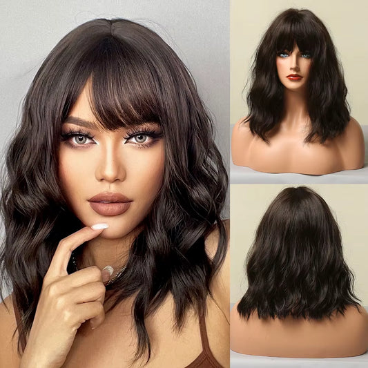 Long Wave Ombre Brown Blonde Wigs with Bangs High Temperature Fiber Synthetic Wigs for Black Women Afro Cosplay Wigs