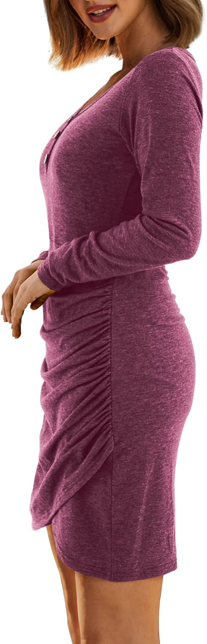 Womens Dresses V Neck Long Sleeve Curved Bodycon T Shirt Dresses Burgundy M