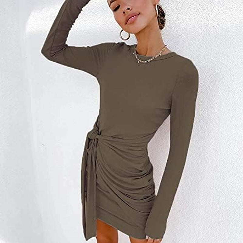 Womens Casual Long Sleeve T Shirt Dress 2022 Fashion Crewneck Mini Wrap Dress