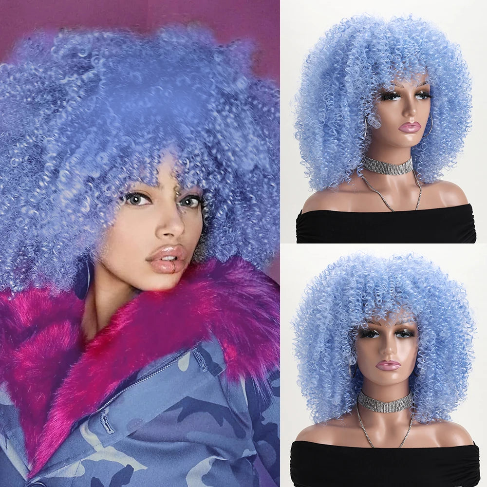 16 Inch Afro Kinky Curly Hair Wigs with Bangs Soft Fluffy Synthetic Fiber None Lace Wigs for Party Cosplay Daily Use