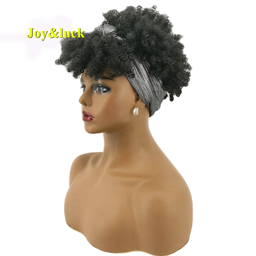 Headband Synthetic Wig Short Afro Kinky Curly Hair Wigs for Black Women Fluffy Curls Hairband African Turban Wrap Hair