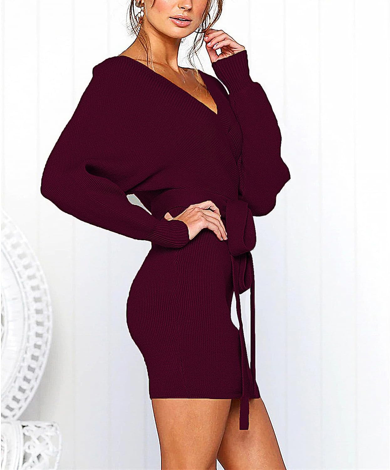 Women'S Sexy Cocktail Batwing Long Sleeve Backless Mock Wrap Knit Sweater Mini Dress