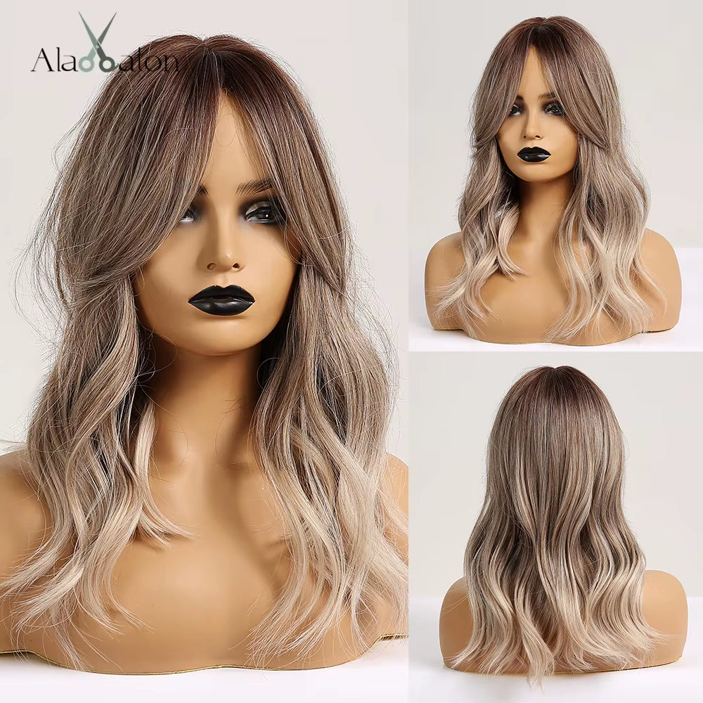 Long Wave Ombre Brown Blonde Wigs with Bangs High Temperature Fiber Synthetic Wigs for Black Women Afro Cosplay Wigs