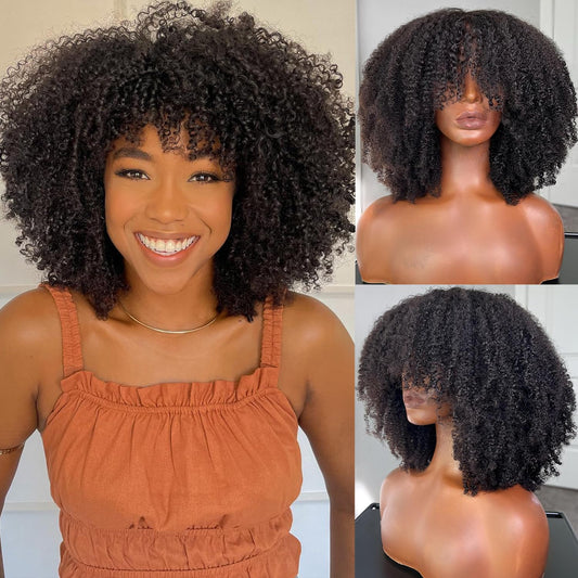 Afro Kinky Curly Wig with Bangs Human Hair for Black Women(22 Inch),200 Density Brazilian Virgin Short Curly Hair Wigs, Full Machine Made Scalp Top Glueless Wig Human Hair Natural Black
