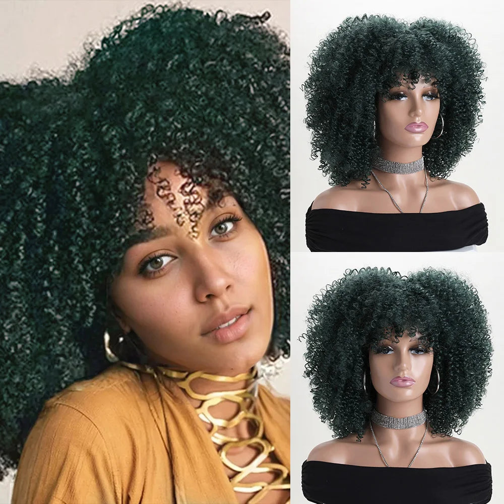 16 Inch Afro Kinky Curly Hair Wigs with Bangs Soft Fluffy Synthetic Fiber None Lace Wigs for Party Cosplay Daily Use