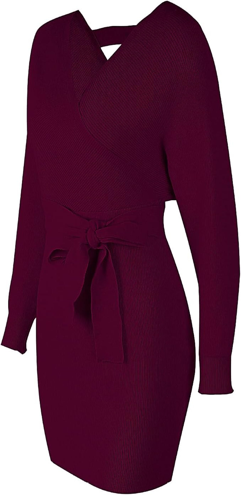 Women'S Sexy Cocktail Batwing Long Sleeve Backless Mock Wrap Knit Sweater Mini Dress