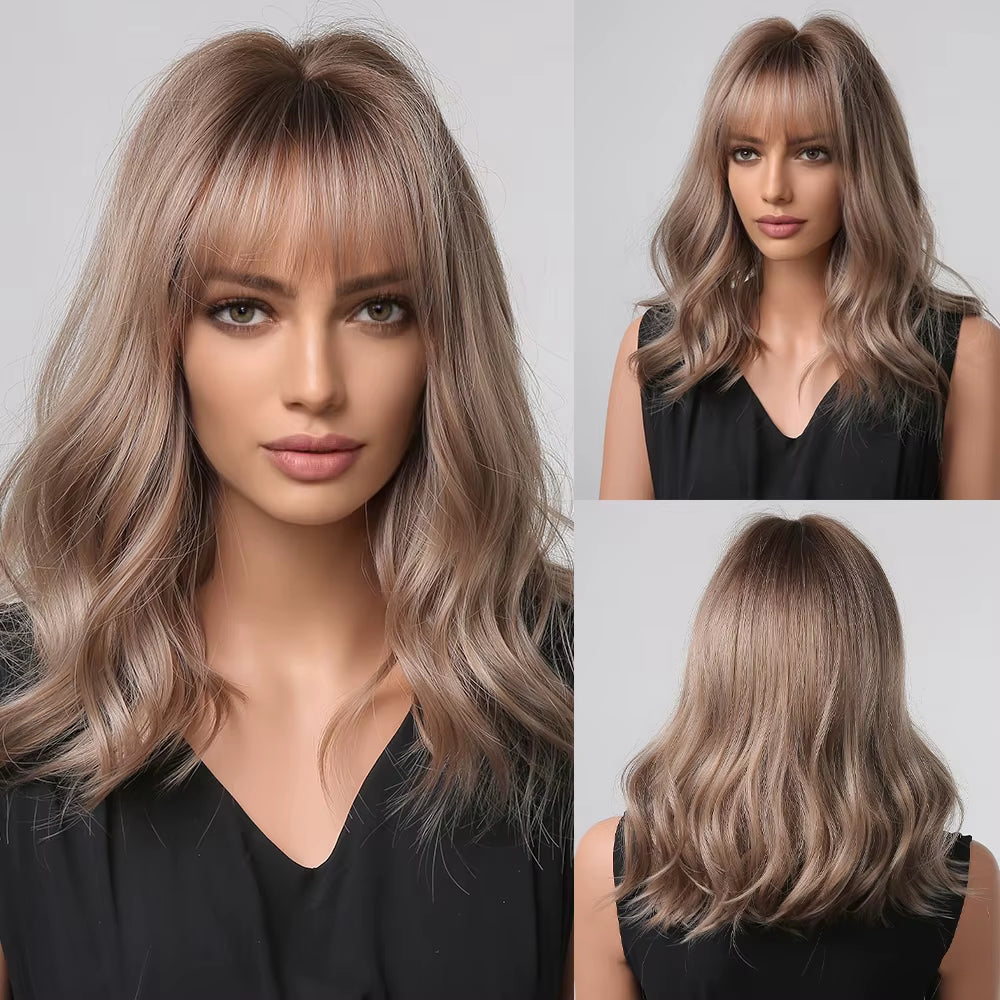Long Wave Ombre Brown Blonde Wigs with Bangs High Temperature Fiber Synthetic Wigs for Black Women Afro Cosplay Wigs