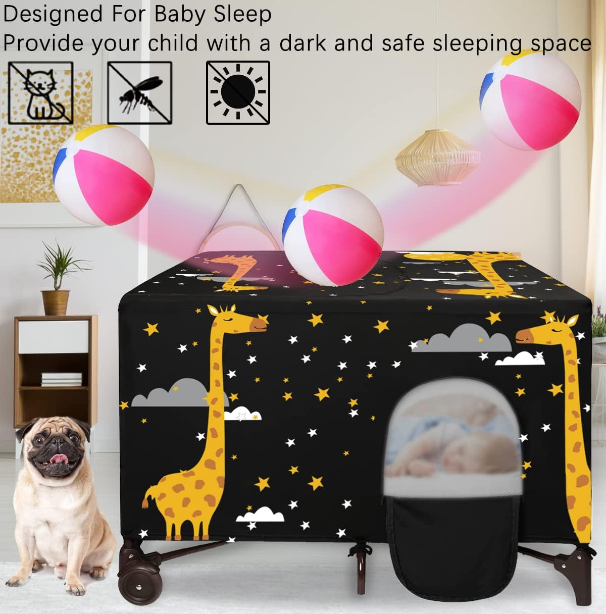Blackout Cover for Pack N Play, Portable Breathable Crib Tent to Block 90% of Light for Indoor Outdoor Travel, Stretch up to 48×39 Inches