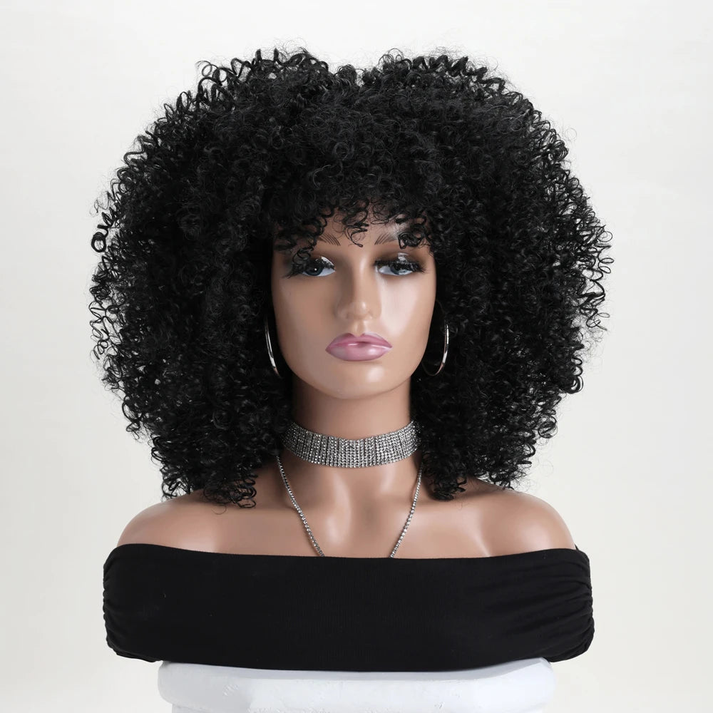 16 Inch Afro Kinky Curly Hair Wigs with Bangs Soft Fluffy Synthetic Fiber None Lace Wigs for Party Cosplay Daily Use
