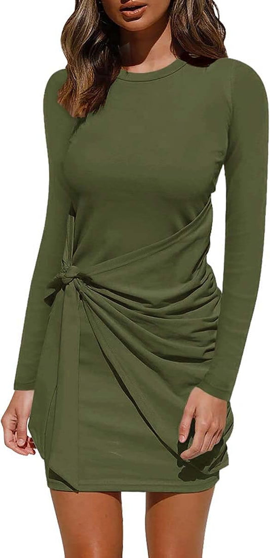 Womens Casual Long Sleeve T Shirt Dress 2022 Fashion Crewneck Mini Wrap Dress