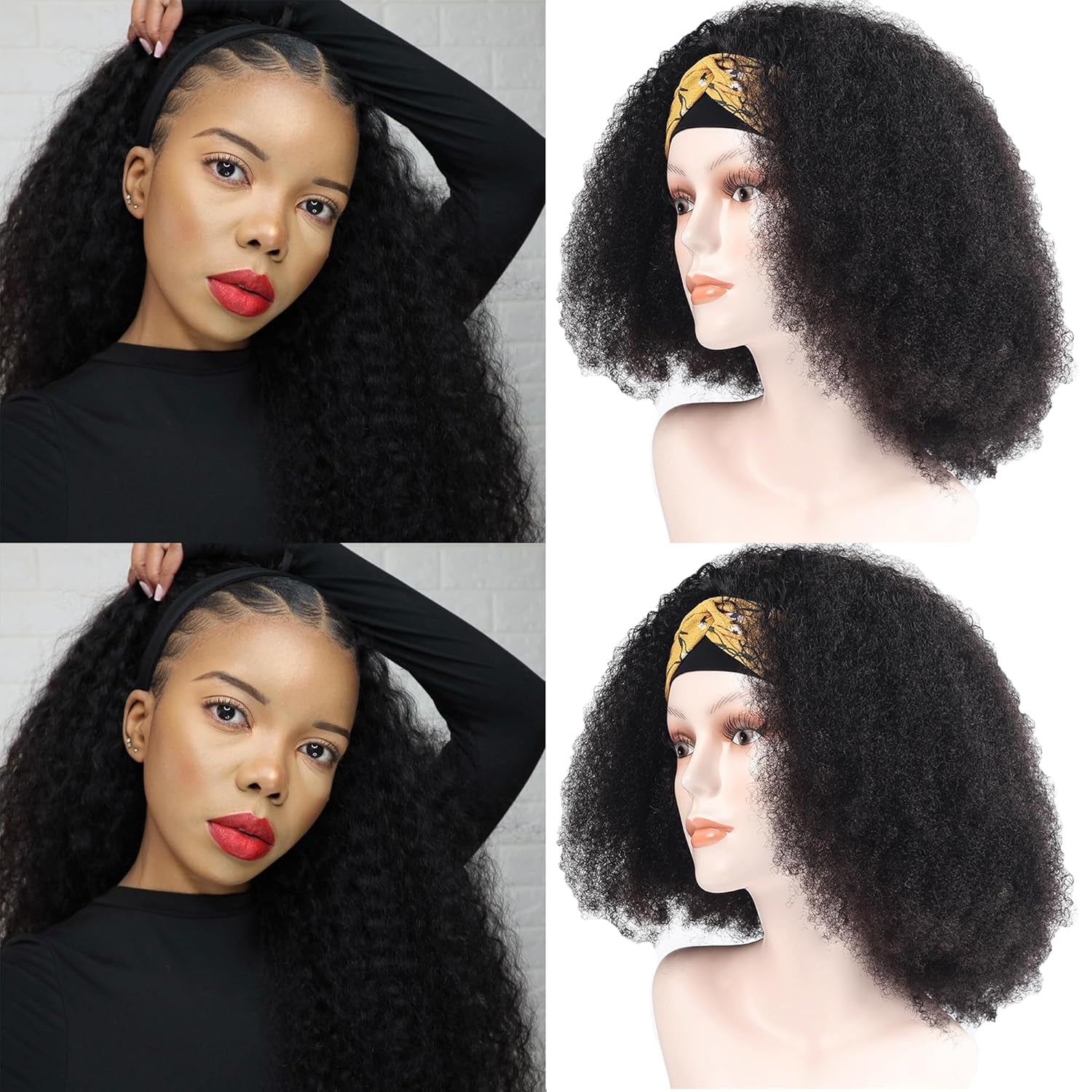 16Inch Afro Kinky Curly Headband Human Hair Wigs for Black Women Glueless None Lace Front Wigs 150% Density Brazilian Virgin Headband Wigs