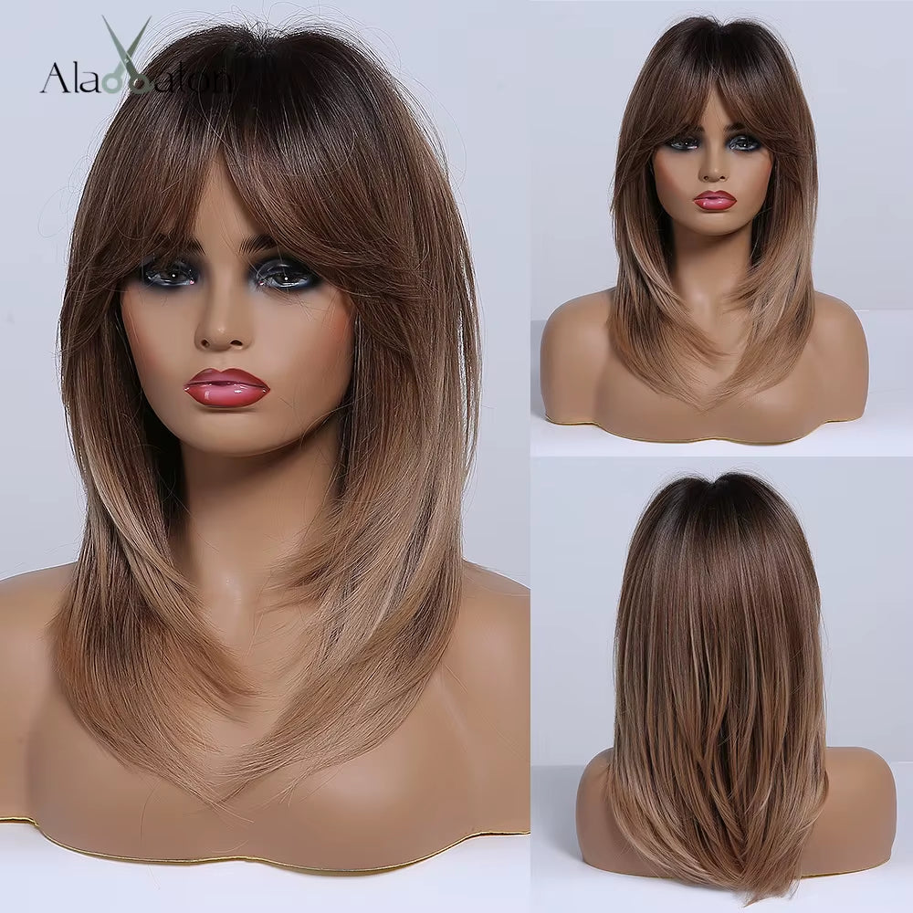 Long Wave Ombre Brown Blonde Wigs with Bangs High Temperature Fiber Synthetic Wigs for Black Women Afro Cosplay Wigs