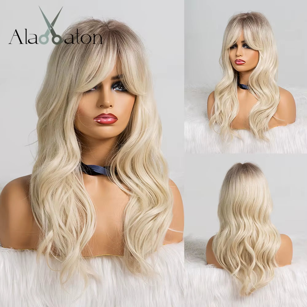Long Wave Ombre Brown Blonde Wigs with Bangs High Temperature Fiber Synthetic Wigs for Black Women Afro Cosplay Wigs