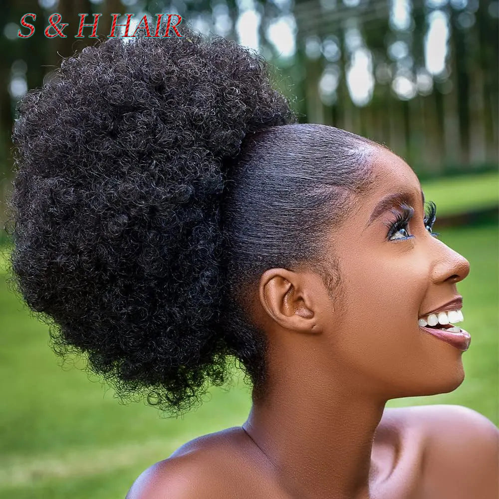 Large Afro Synthetic Puff Drawstring Ponytail 10 Inch Short Kinky Curly Hair Ponytail Hair Extensions with 2 Clips