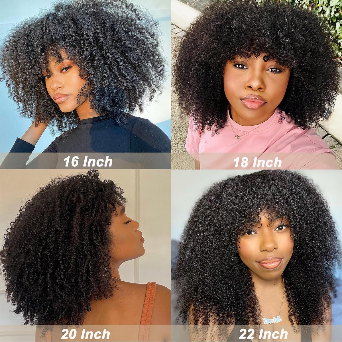 Afro Kinky Curly Wig with Bangs Human Hair for Black Women(22 Inch),200 Density Brazilian Virgin Short Curly Hair Wigs, Full Machine Made Scalp Top Glueless Wig Human Hair Natural Black