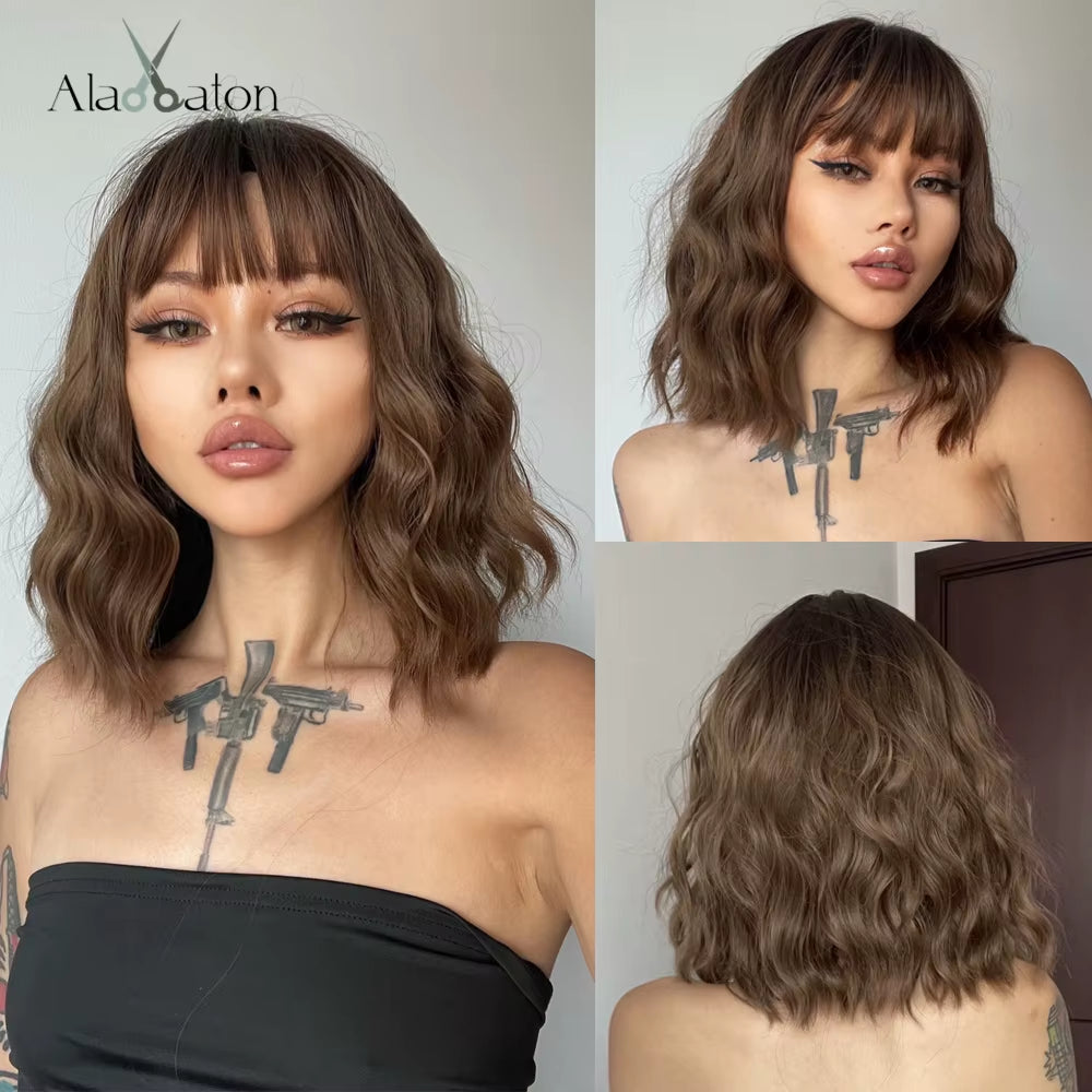 Long Wave Ombre Brown Blonde Wigs with Bangs High Temperature Fiber Synthetic Wigs for Black Women Afro Cosplay Wigs