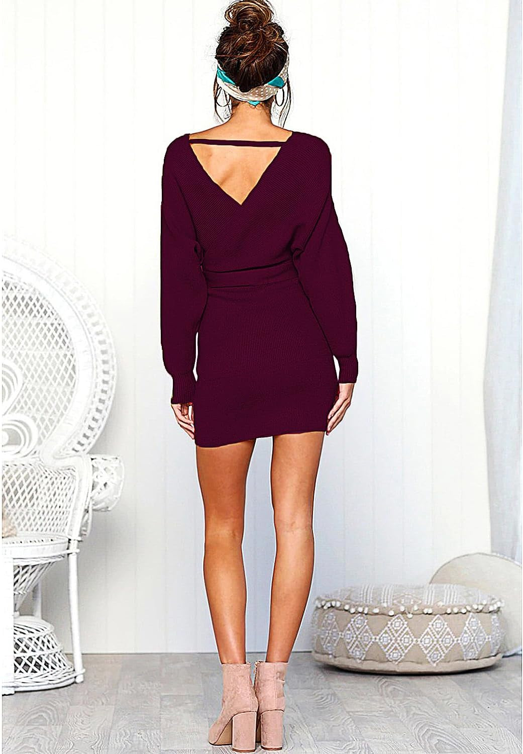 Women'S Sexy Cocktail Batwing Long Sleeve Backless Mock Wrap Knit Sweater Mini Dress