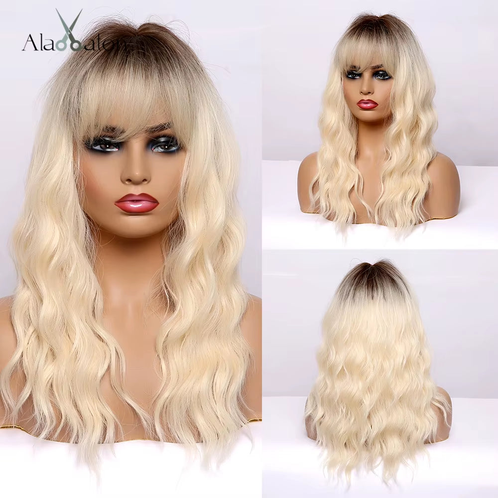 Long Wave Ombre Brown Blonde Wigs with Bangs High Temperature Fiber Synthetic Wigs for Black Women Afro Cosplay Wigs