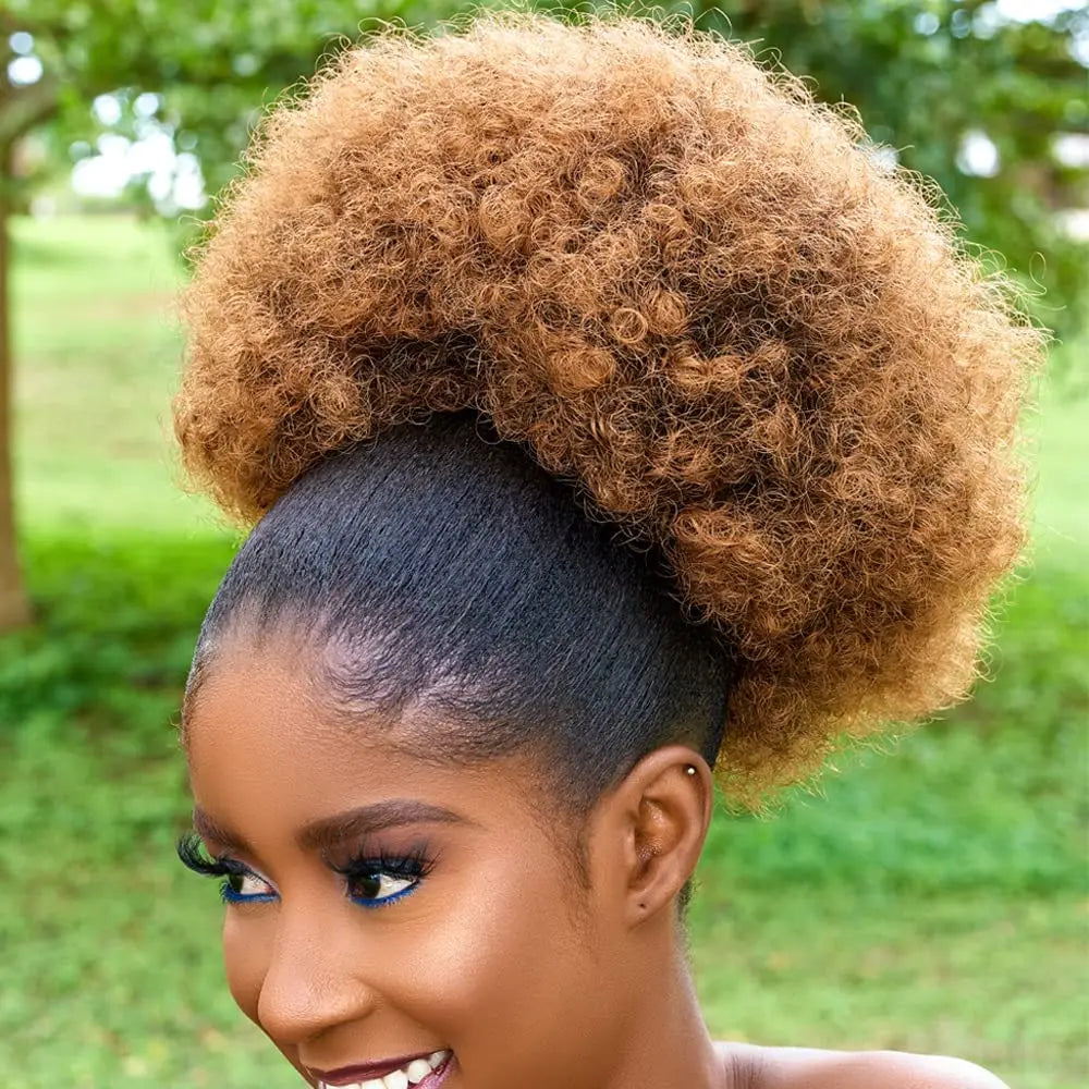 Large Afro Synthetic Puff Drawstring Ponytail 10 Inch Short Kinky Curly Hair Ponytail Hair Extensions with 2 Clips