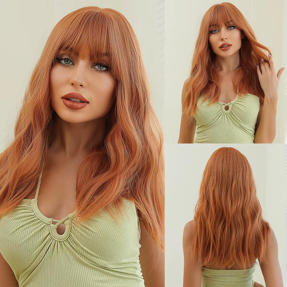 Long Wave Ombre Brown Blonde Wigs with Bangs High Temperature Fiber Synthetic Wigs for Black Women Afro Cosplay Wigs
