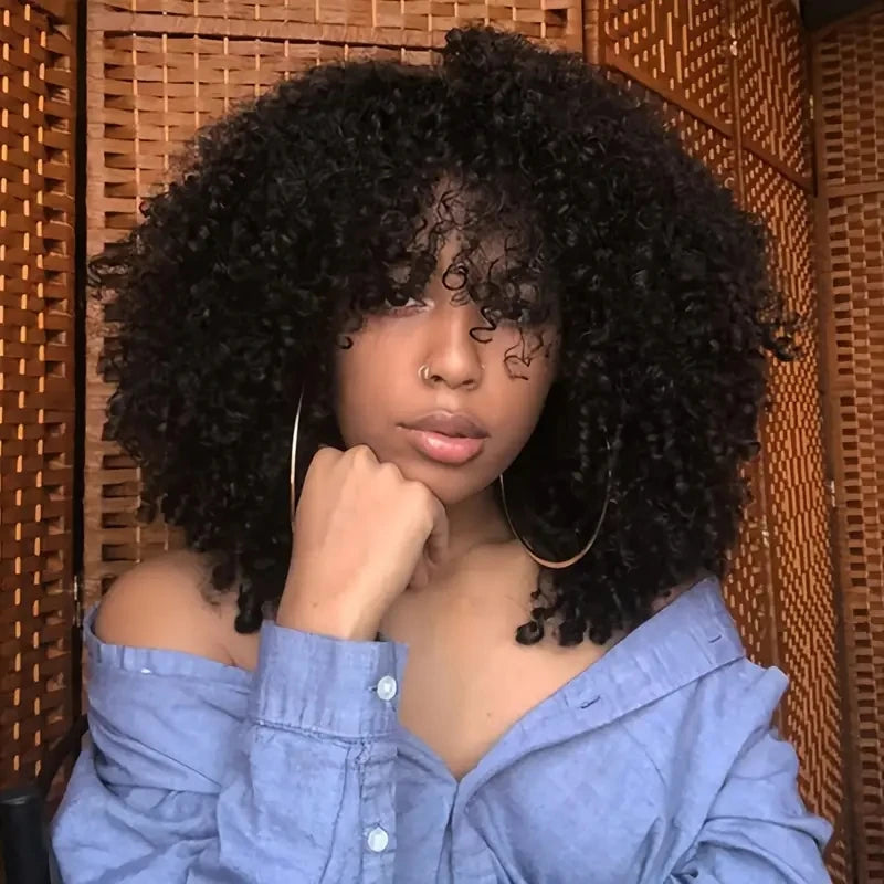 16 Inch Afro Kinky Curly Hair Wigs with Bangs Soft Fluffy Synthetic Fiber None Lace Wigs for Party Cosplay Daily Use