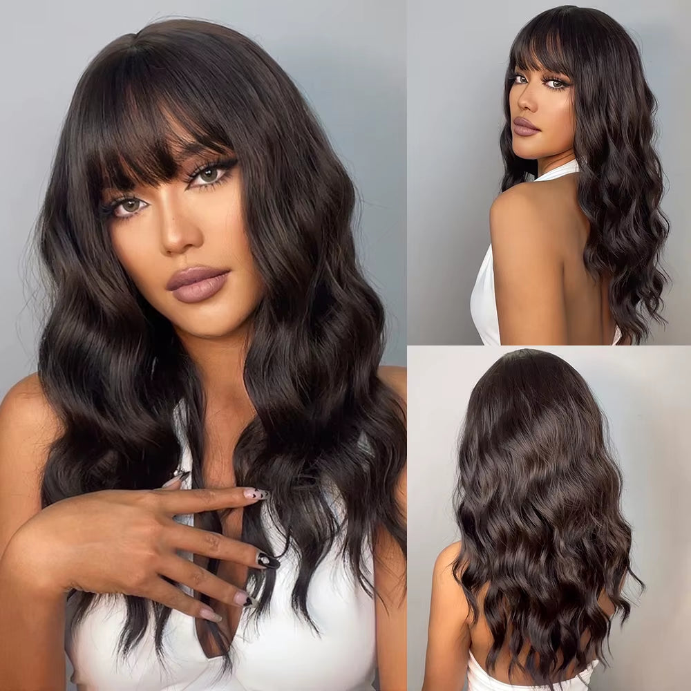 Long Wave Ombre Brown Blonde Wigs with Bangs High Temperature Fiber Synthetic Wigs for Black Women Afro Cosplay Wigs