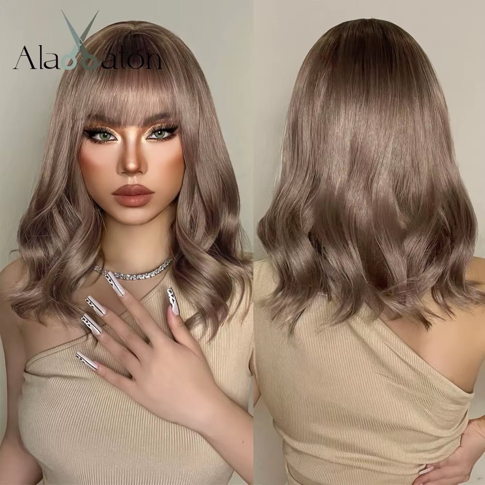 Long Wave Ombre Brown Blonde Wigs with Bangs High Temperature Fiber Synthetic Wigs for Black Women Afro Cosplay Wigs