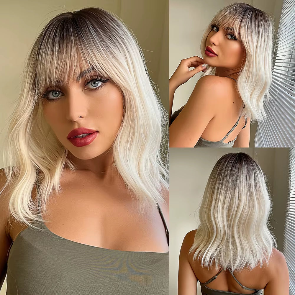 Long Wave Ombre Brown Blonde Wigs with Bangs High Temperature Fiber Synthetic Wigs for Black Women Afro Cosplay Wigs
