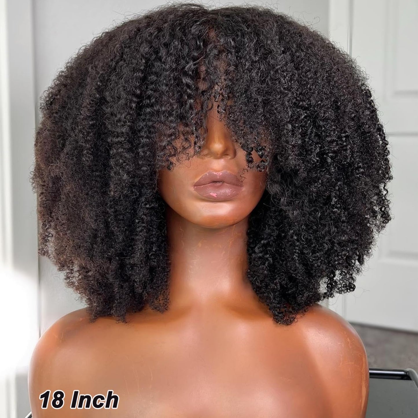 Afro Kinky Curly Wig with Bangs Human Hair for Black Women(22 Inch),200 Density Brazilian Virgin Short Curly Hair Wigs, Full Machine Made Scalp Top Glueless Wig Human Hair Natural Black