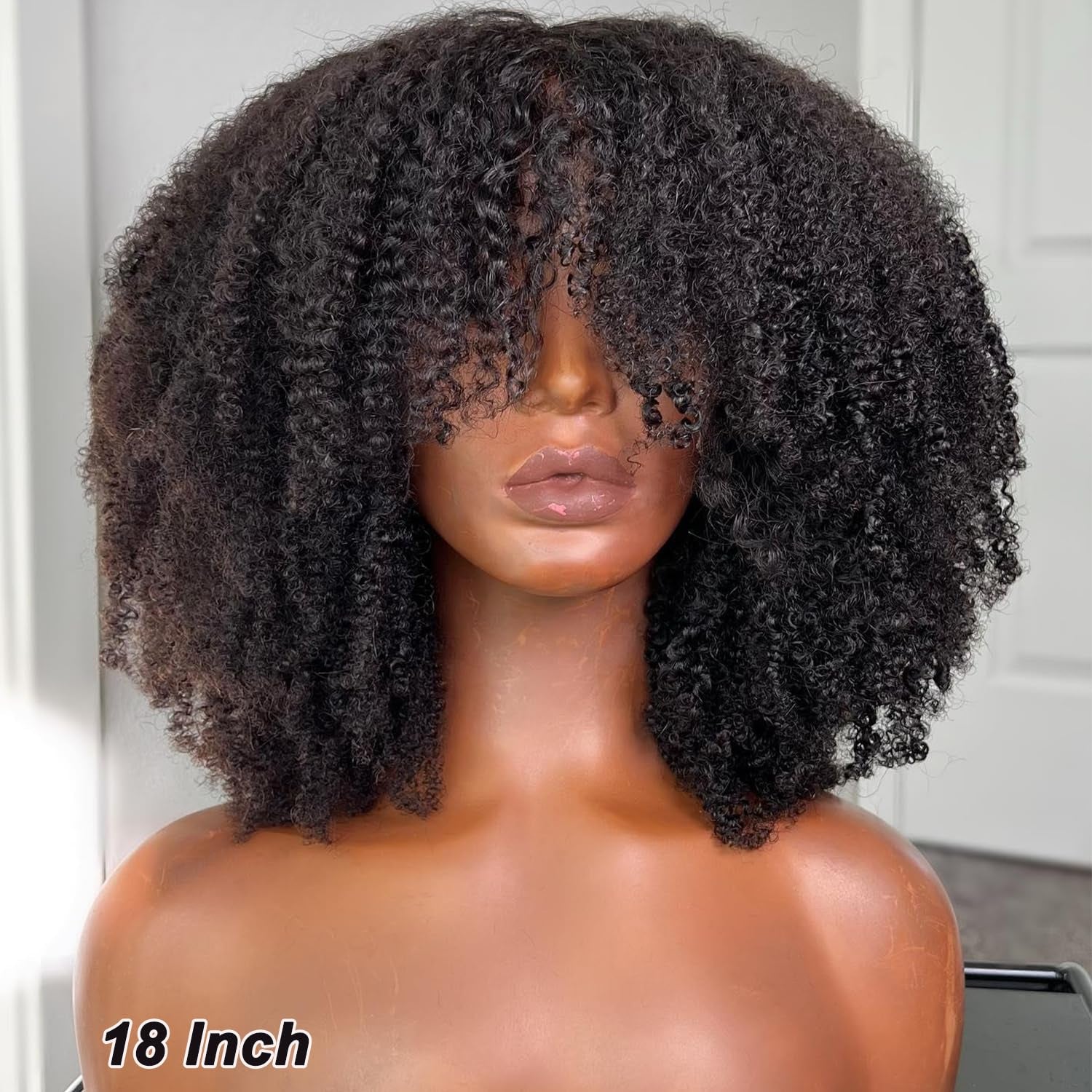 Afro Kinky Curly Wig with Bangs Human Hair for Black Women(22 Inch),200 Density Brazilian Virgin Short Curly Hair Wigs, Full Machine Made Scalp Top Glueless Wig Human Hair Natural Black