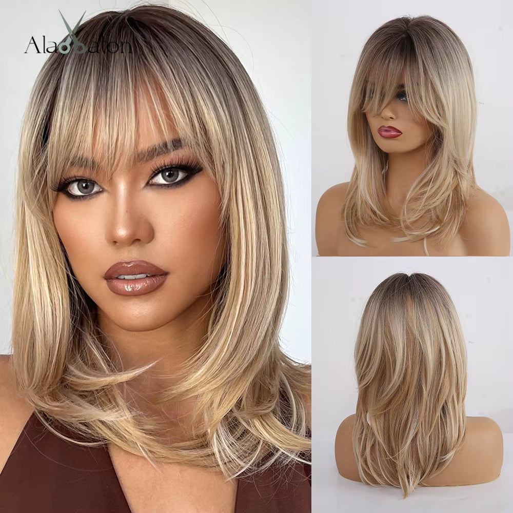 Long Wave Ombre Brown Blonde Wigs with Bangs High Temperature Fiber Synthetic Wigs for Black Women Afro Cosplay Wigs