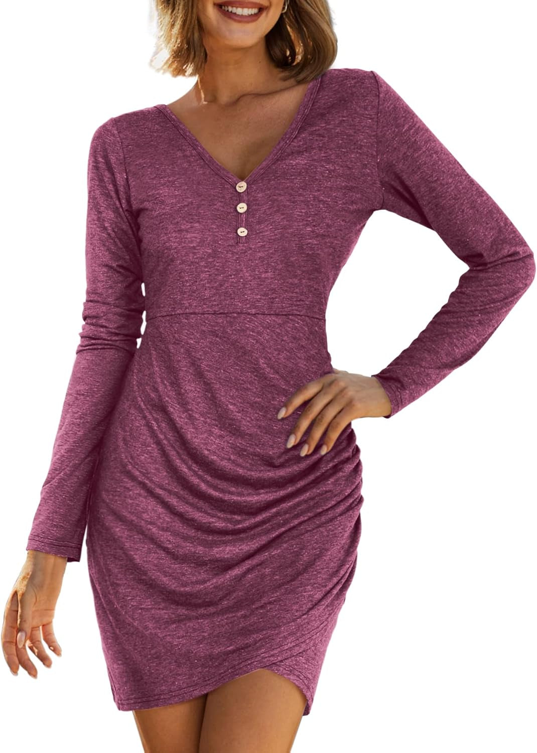 Womens Dresses V Neck Long Sleeve Curved Bodycon T Shirt Dresses Burgundy M