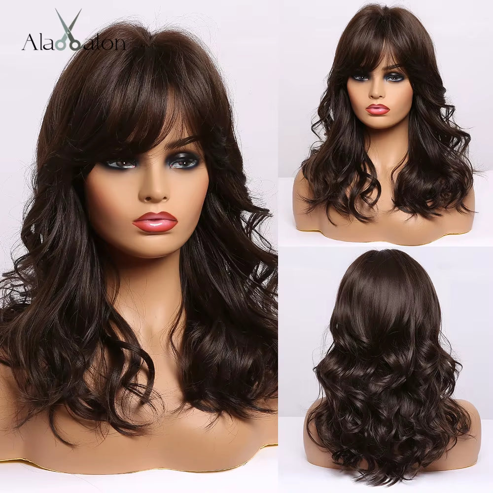 Long Wave Ombre Brown Blonde Wigs with Bangs High Temperature Fiber Synthetic Wigs for Black Women Afro Cosplay Wigs