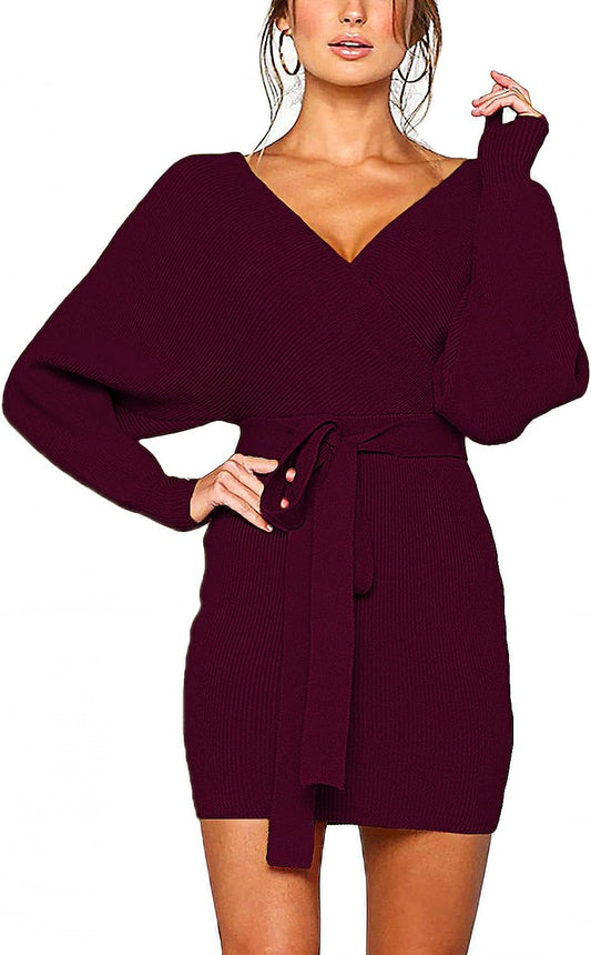 Women'S Sexy Cocktail Batwing Long Sleeve Backless Mock Wrap Knit Sweater Mini Dress