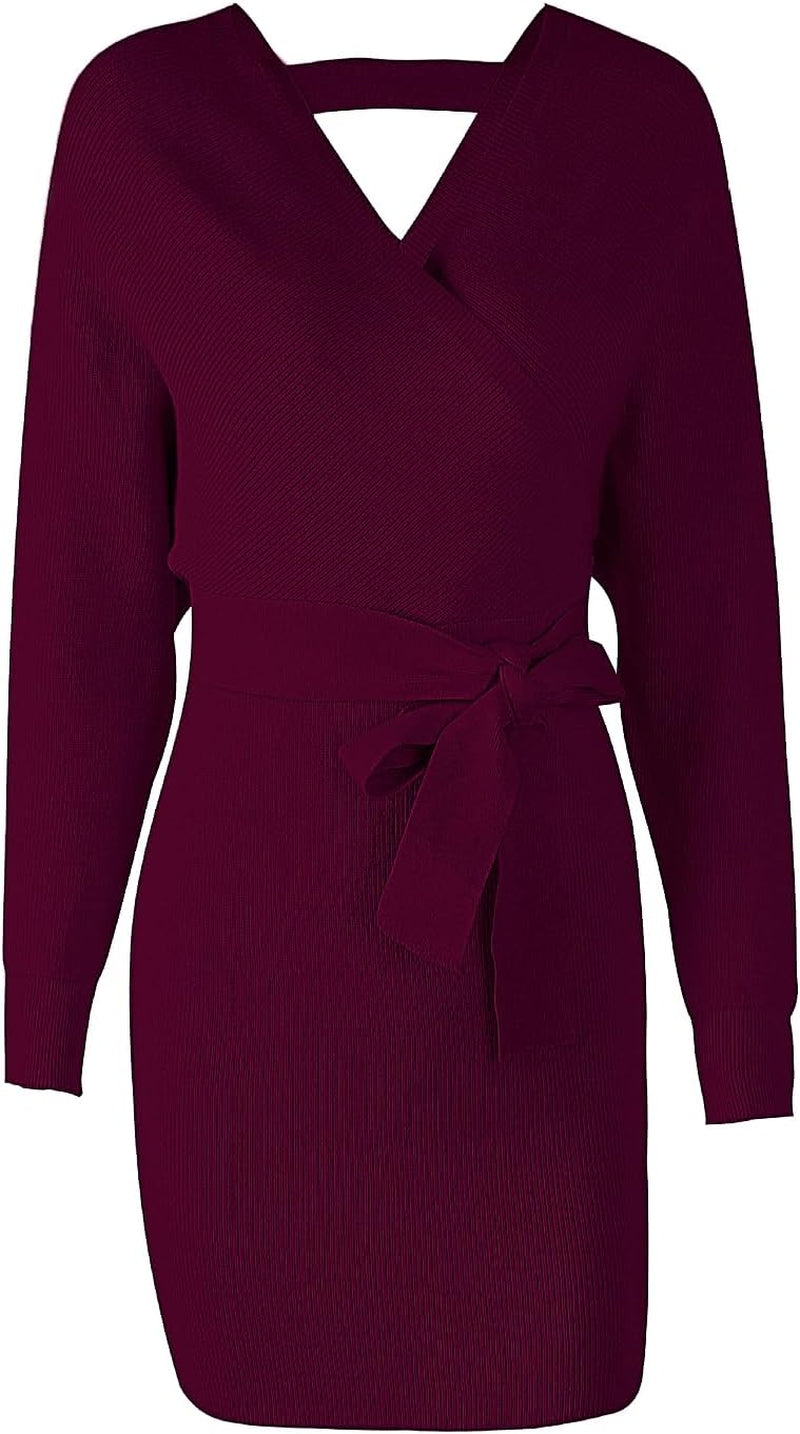 Women'S Sexy Cocktail Batwing Long Sleeve Backless Mock Wrap Knit Sweater Mini Dress
