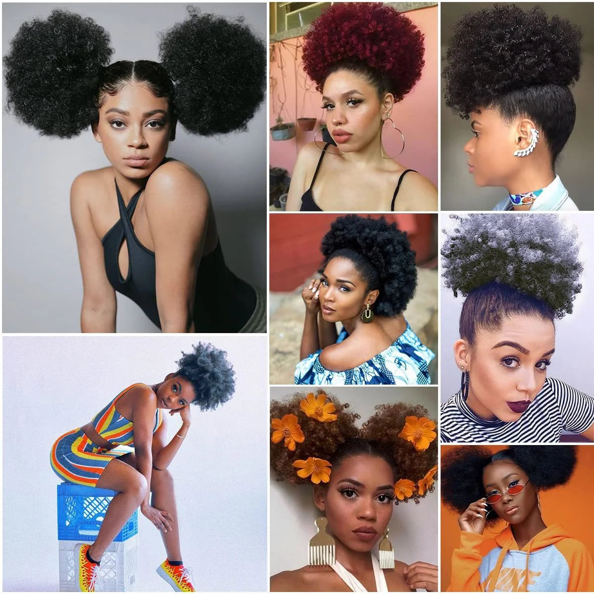 Large Afro Synthetic Puff Drawstring Ponytail 10 Inch Short Kinky Curly Hair Ponytail Hair Extensions with 2 Clips